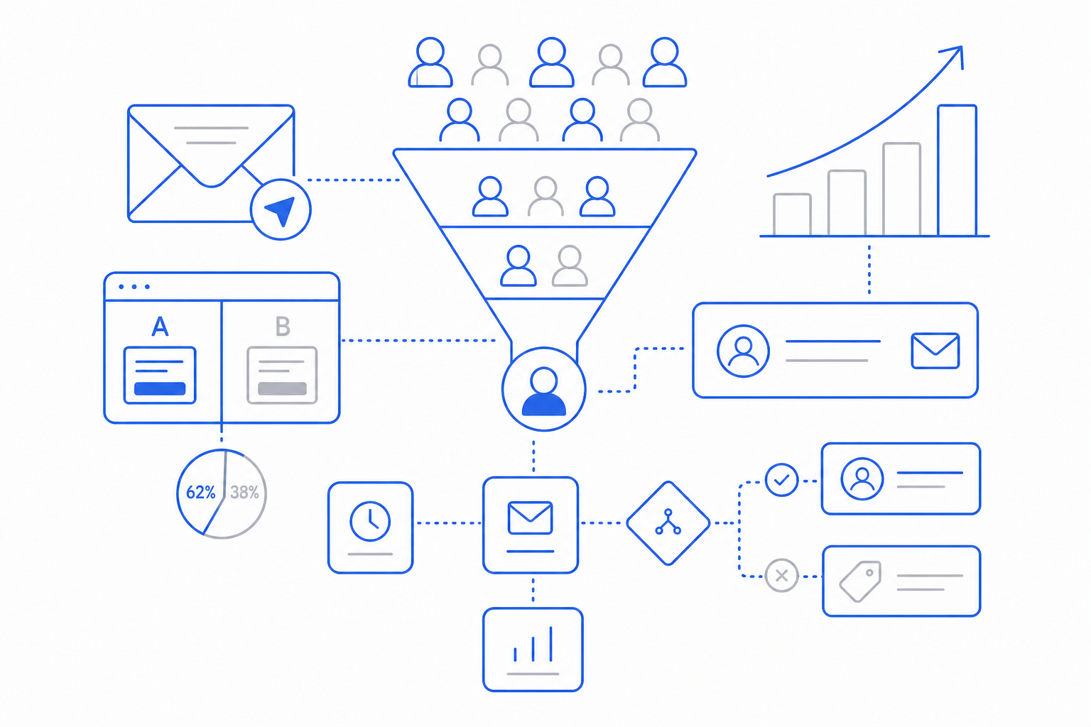 Marketing illustration showing the core capabilities CloudIP provides for small business marketing software.